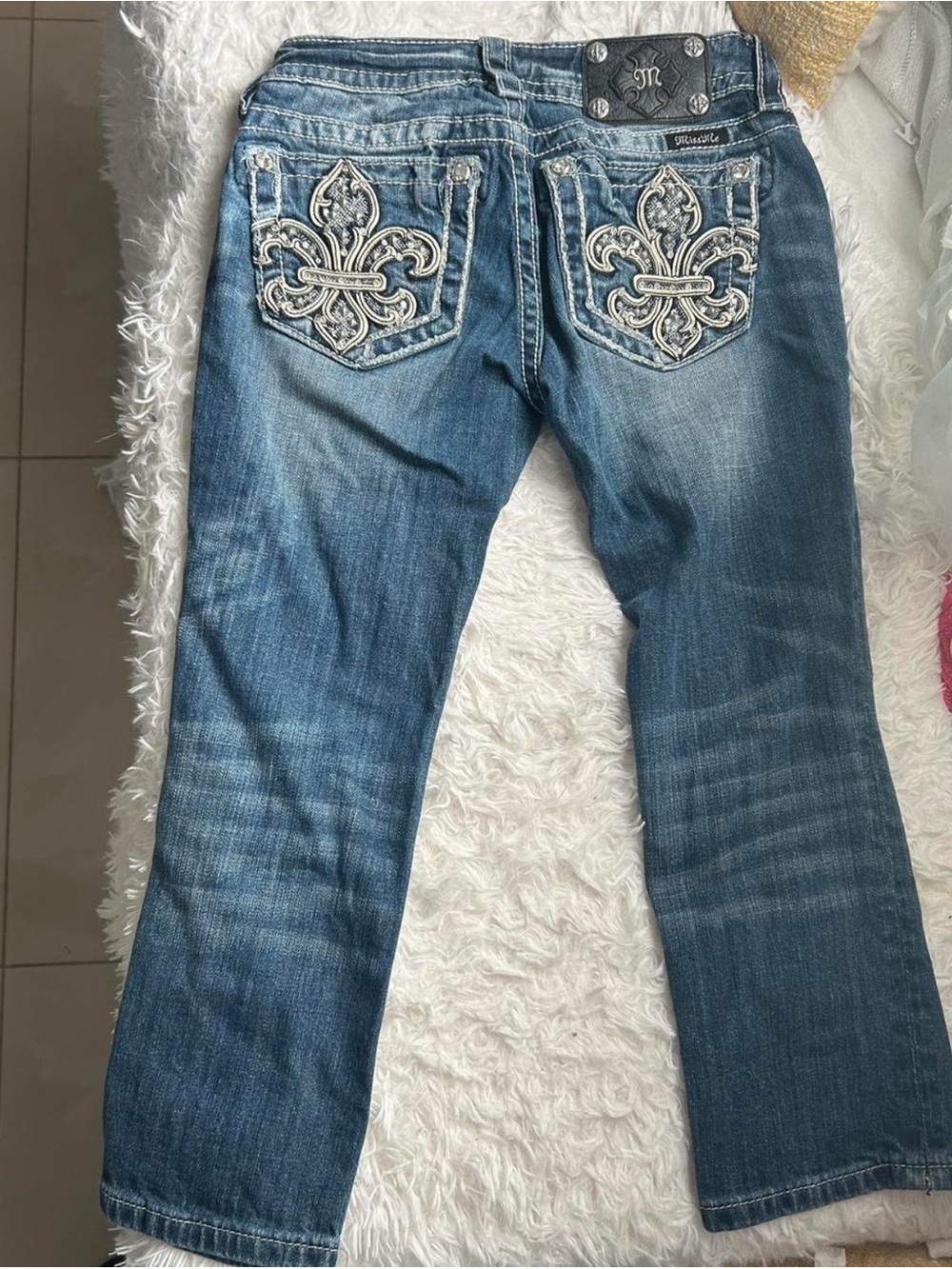 Miss Me Medium Blue Bootcut Jeans with Fleur-de-Lis Embroidered Pockets